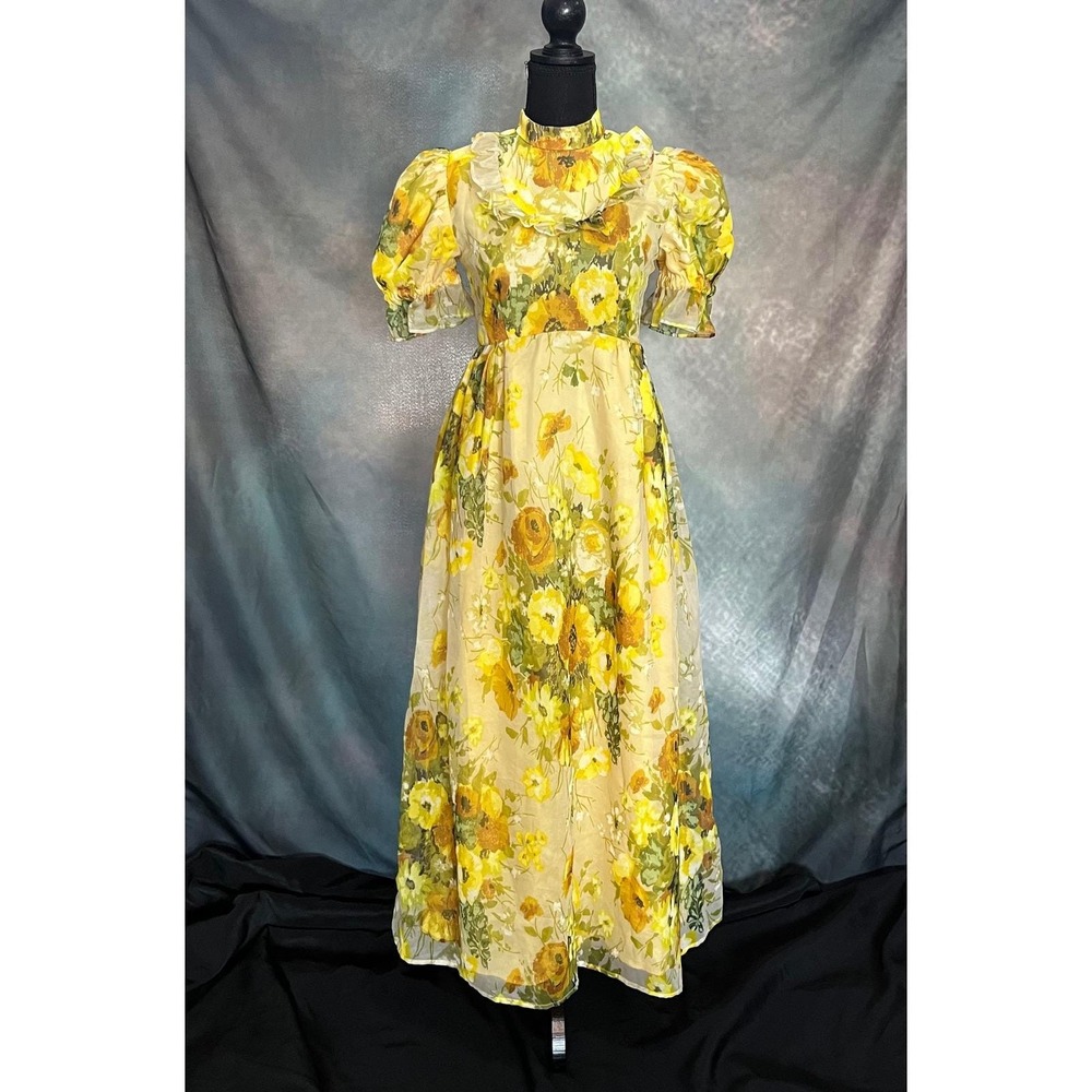 Vintage Floral Maxi Organza Dress Yellow Cottagecore Puff‎ Sleeve Homemade XS/S